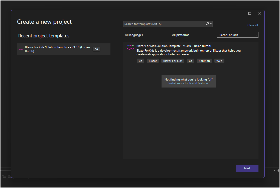 Blazor For Kids project template selection