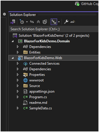 Blazor For Kids solution structure in Solution Explorer