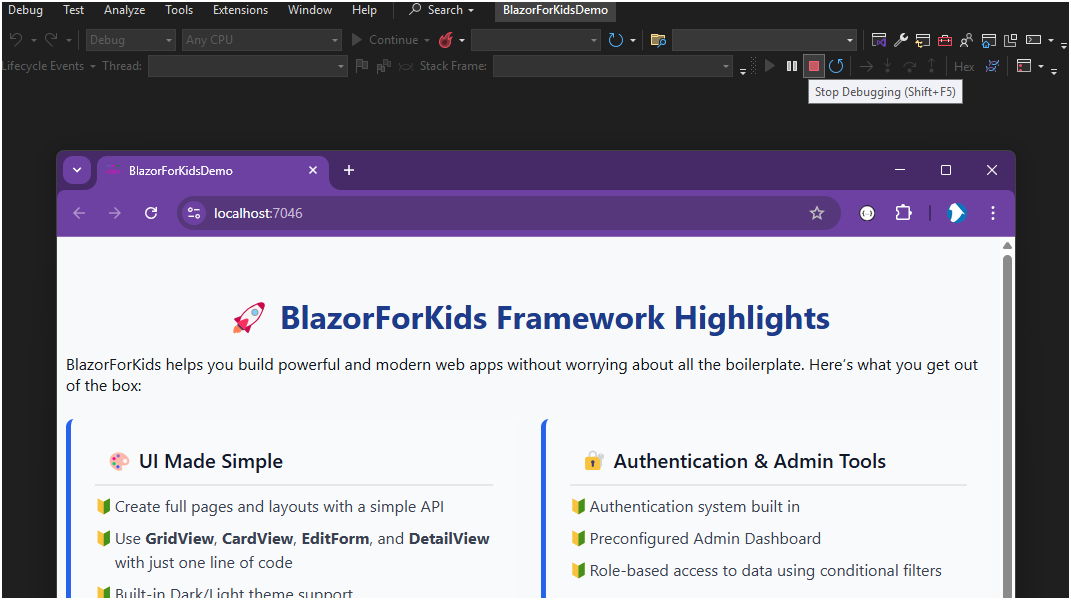 Running BlazorForKids app in browser